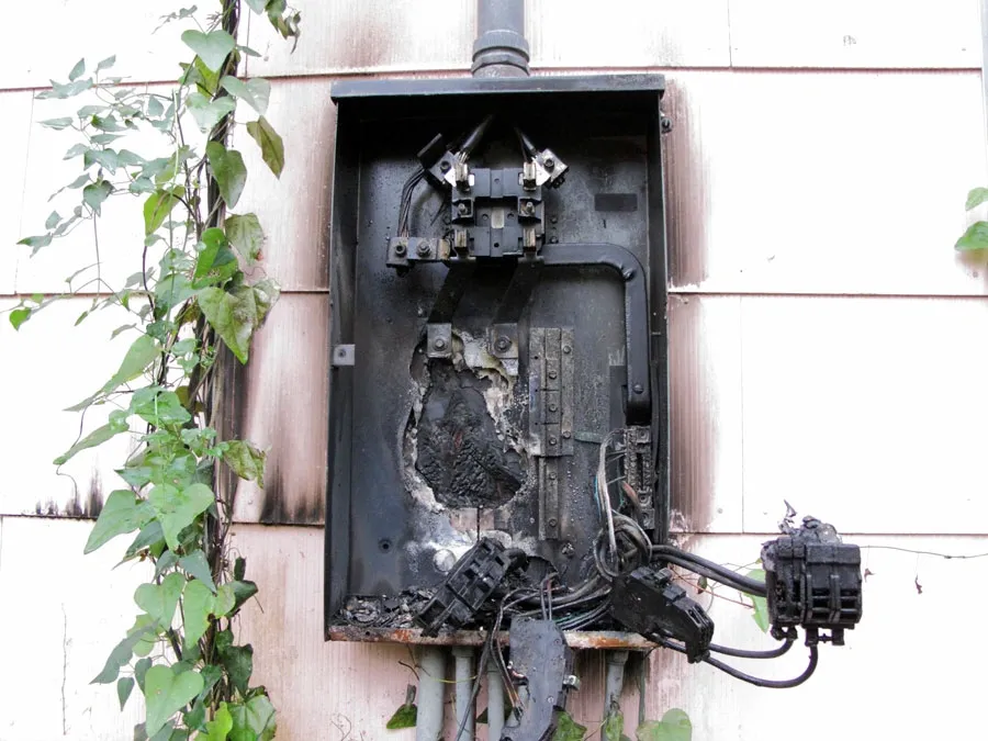 Burned electrical panel with visible damage and charred components, highlighting potential fire hazards in residential electrical systems.
